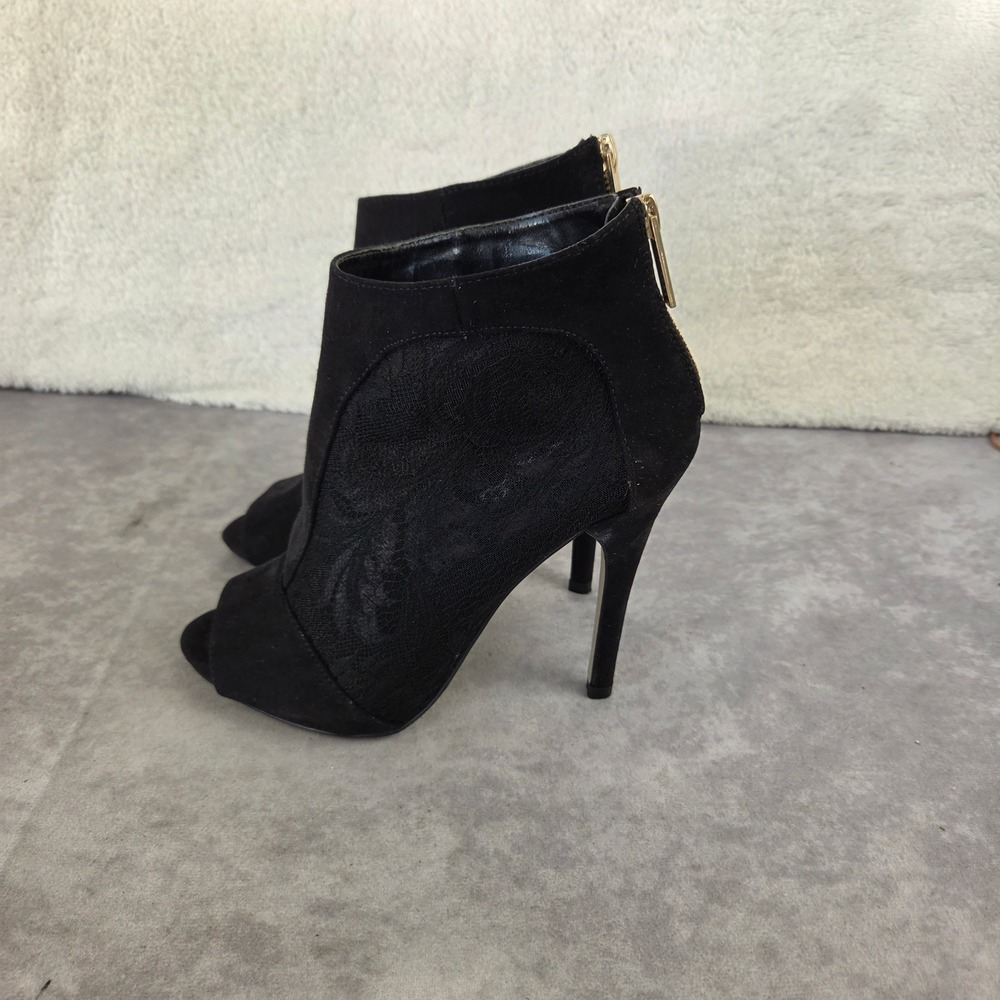 Aldo Black Lace Peep Toe Stiletto Ankle Boots Back Zip Evening Booties